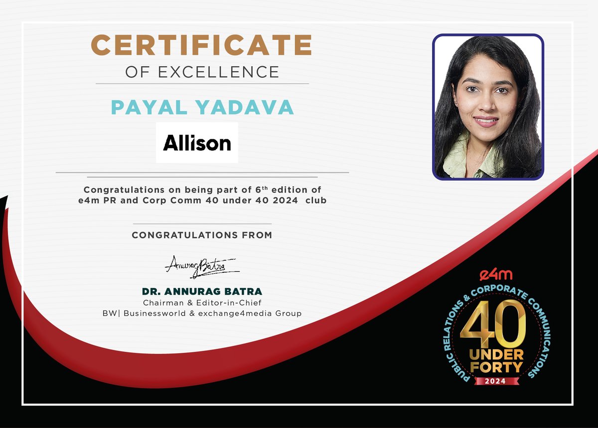 e4m Live (@e4mevents) on Twitter photo Our heartiest congratulations to #PayalYadava from <a href="/Allisonww_/">Allison</a> for winning the e4m PR and Corp Comm 40 Under 40 Awards 2024
<a href="/anuragbatrayo/">Anurag Batra</a> | <a href="/nawalahuja/">Nawal Ahuja</a> | <a href="/karanbhatias/">Karan Bhatia</a>
#e4mpr40under40 #e4mevents #PRandCorpComm #e4mprawards Our heartiest congratulations to #PayalYadava from <a href="/Allisonww_/">Allison</a> for winning the e4m PR and Corp Comm 40 Under 40 Awards 2024
<a href="/anuragbatrayo/">Anurag Batra</a> | <a href="/nawalahuja/">Nawal Ahuja</a> | <a href="/karanbhatias/">Karan Bhatia</a>
#e4mpr40under40 #e4mevents #PRandCorpComm #e4mprawards