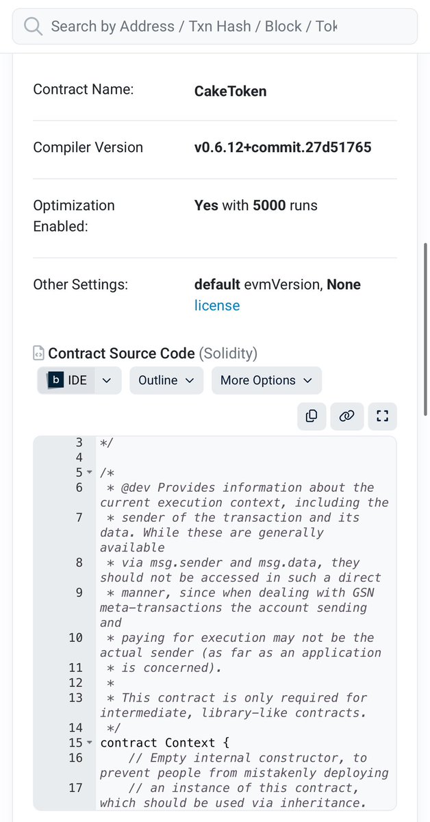 Looks like they verified the code for this and guess what the contract name is for $tttt? CakeToken

What if <a href="/PancakeSwap/">PancakeSwap</a> burned their supply ? 

dextools.io/app/en/token/t…