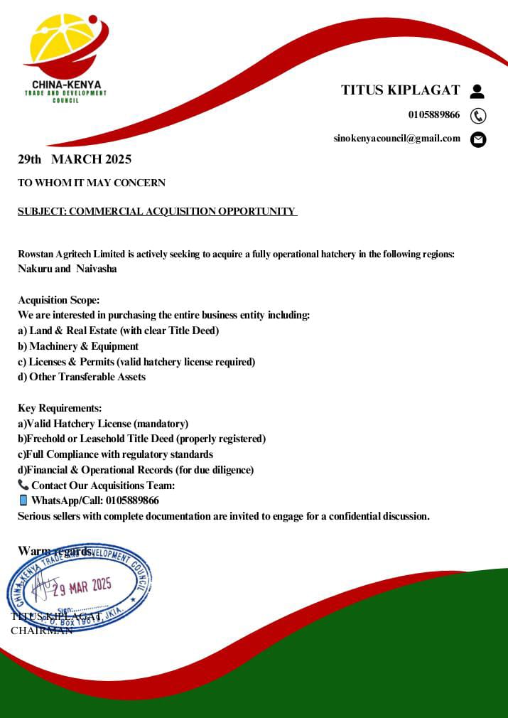 _chinakenya's tweet photo. Attention Hatchery Owners! 

Rowstan Agritech Limited is expanding and looking to acquire a fully operational hatchery. https://t.co/nu42SoUGZo