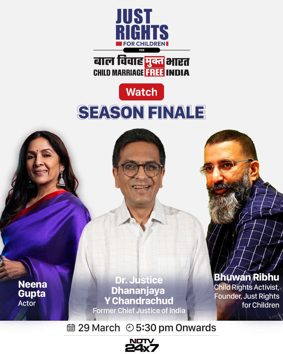 The society that celebrates child marriages often doesn’t realise what it is truly celebrating—the impending rape of a daughter, the impending rape of a child.

Tune in to <a href="/ndtv/">NDTV</a> 24x7 at 5:30pm today as I’m joined by former Chief Justice of India Justice D.Y. Chandrachud and actor