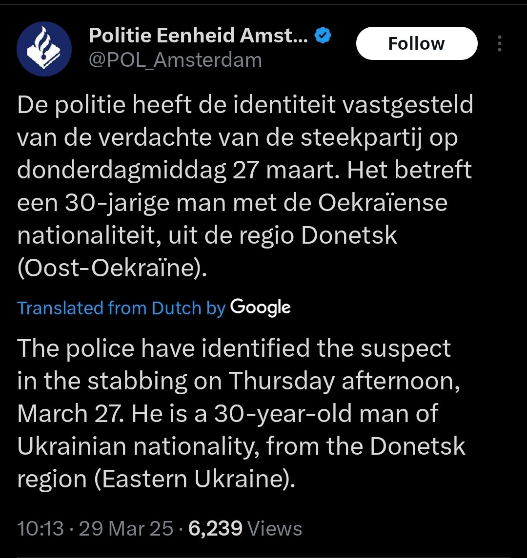 🇳🇱 Dutch police have identified the suspect who stabbed five people in Amsterdam on Thursday as a 30-year-old Ukrainian from Donetsk region.
