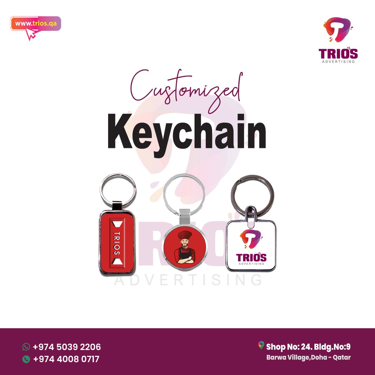 TriosAdver83576's tweet image. 🔑✨ Get Your Customized Keychains in Qatar with Trios Advertising! ✨🔑
.
Looking for the perfect way to showcase your brand or add a personal touch to your keys? 🔥
.
#TriosAdvertising #CustomizedKeychains #QatarBranding #CorporateGifts #PromotionalItems