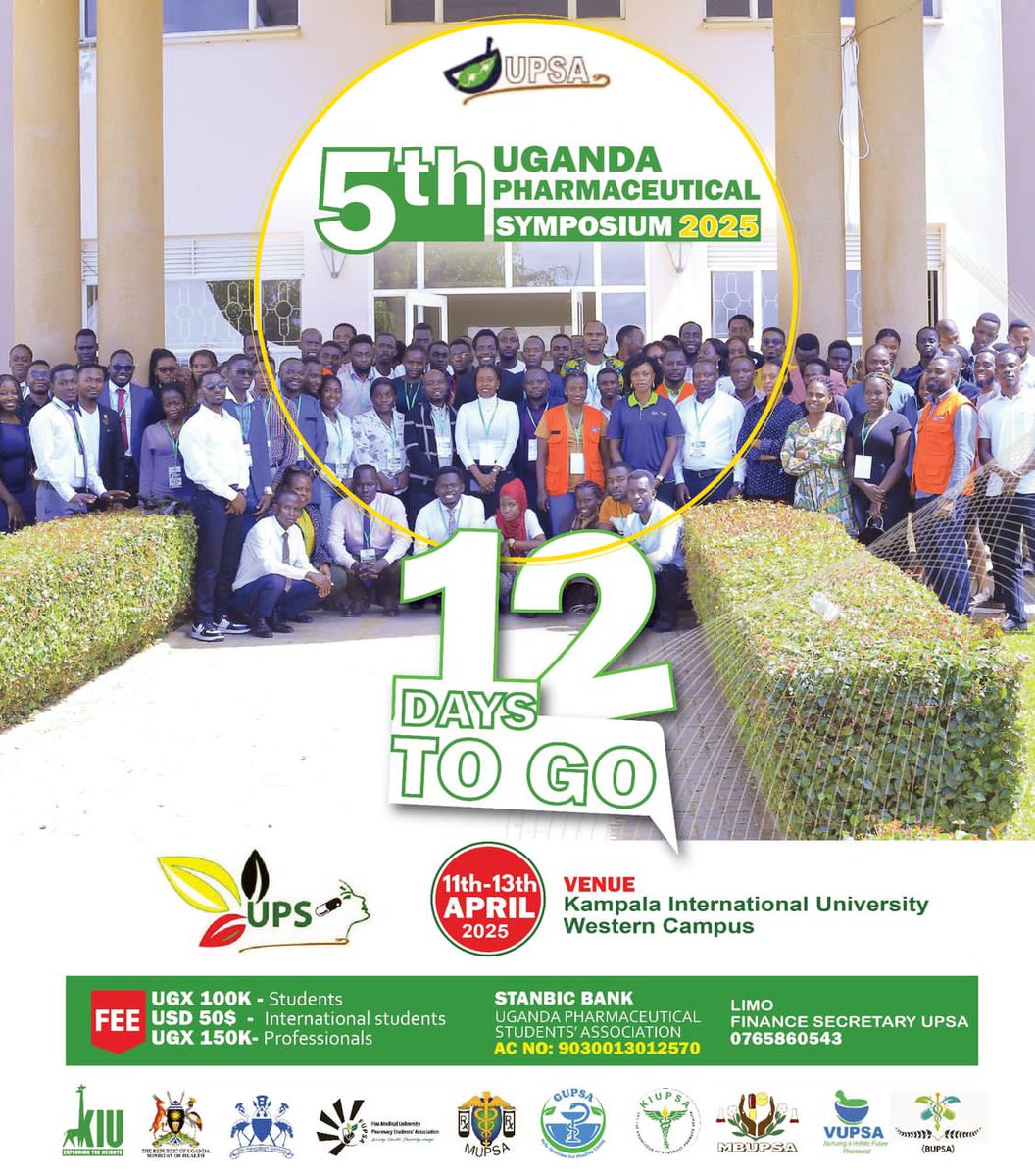 THE WAIT IS ALMOST OVER! 
🕰️ 12 days and counting... 🎉 
Get ready for two days of knowledge sharing, networking, and innovation! 💡 The 5th Uganda Pharmaceutical Symposium is the ultimate platform for pharmaceutical professionals to connect, learn, and grow! 🌟 Don't miss out!