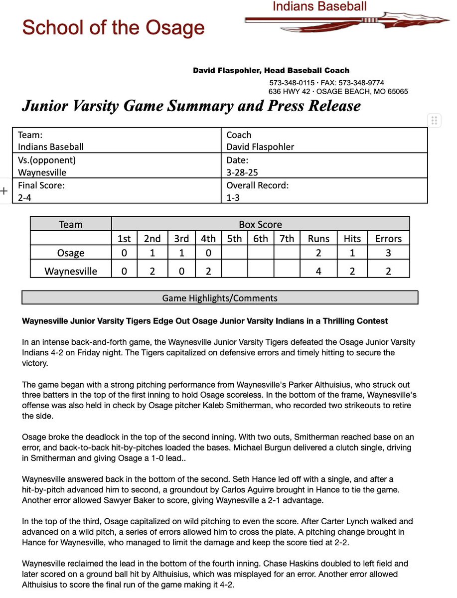 Osage Indians Baseball tweet media