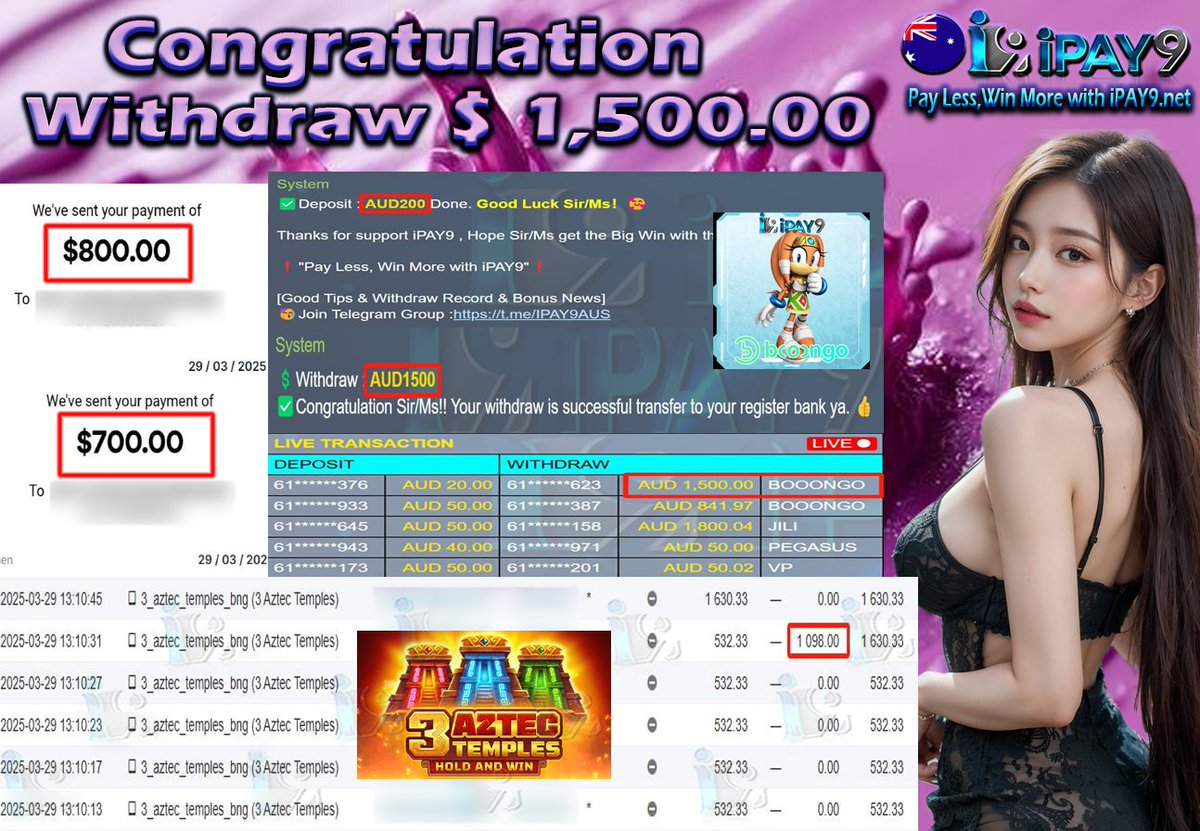 🇦🇺🎖𝐢𝗣𝗔𝗬𝟵 𝗖𝘂𝘀𝘁𝗼𝗺𝗲𝗿 𝗪𝗶𝘁𝗵𝗱𝗿𝗮𝘄 🎖🇦🇺

💰Customer Deposit - AUD 200.00
💰Customer Withdraw -AUD 1,500.00
💻Platform - BNG-BOOONGO
🎮Game - 3 AZTEC TEMPLES

"Pay Less, Win More with iPAY9.net"  REGISTER LINK ipay9aud.com/RFIPAY9TWITTER