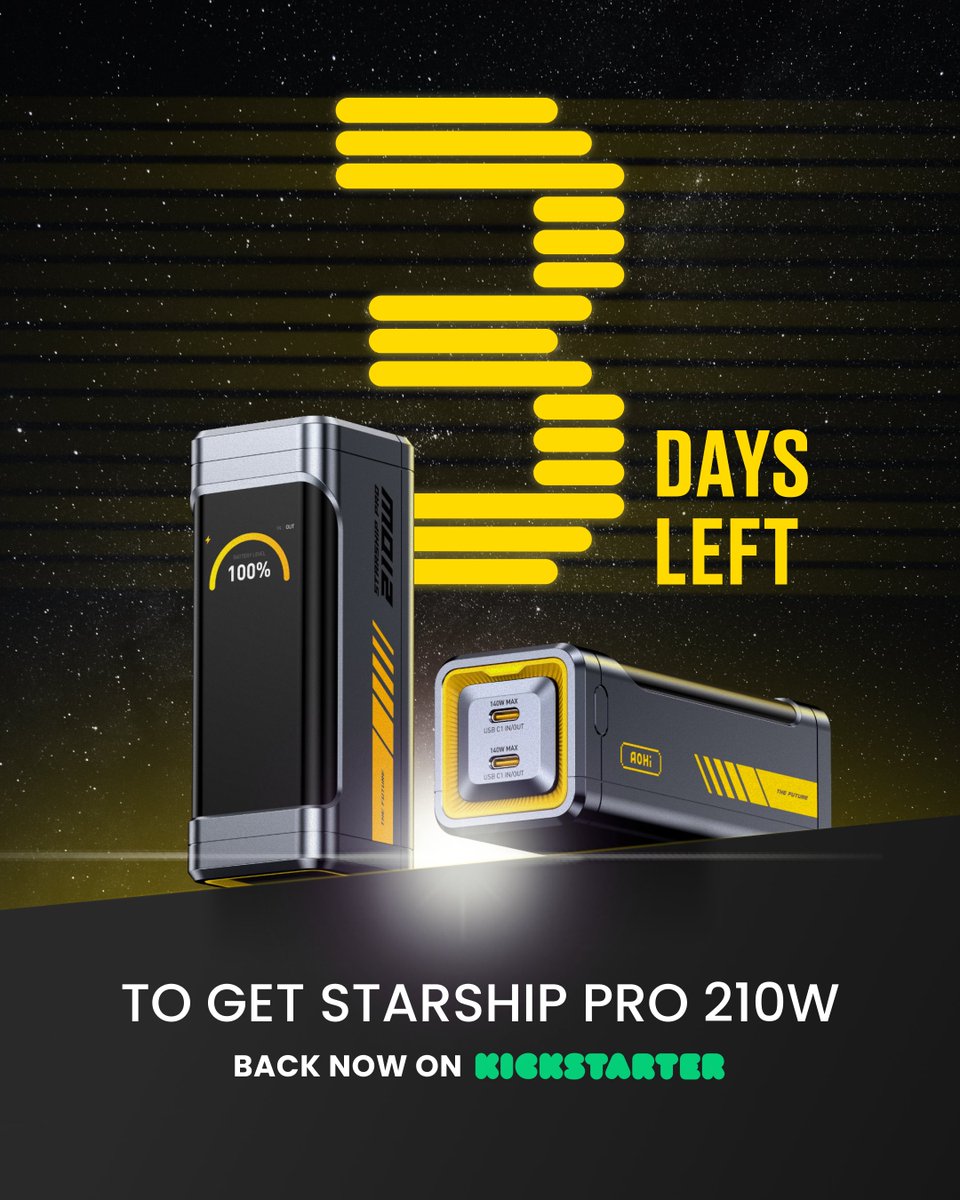 OfficialAohi's tweet photo. ⏳ Only 3 days left! This is your last chance to grab The Future Starship Pro at the best Kickstarter price.

After the campaign ends, this exclusive offer is gone—don’t wait!

📌 Back now on Kickstarter!
🔗 https://t.co/W6AYzs6SN6

#powerbank #kickstarter https://t.co/YxCGEZ1yH1