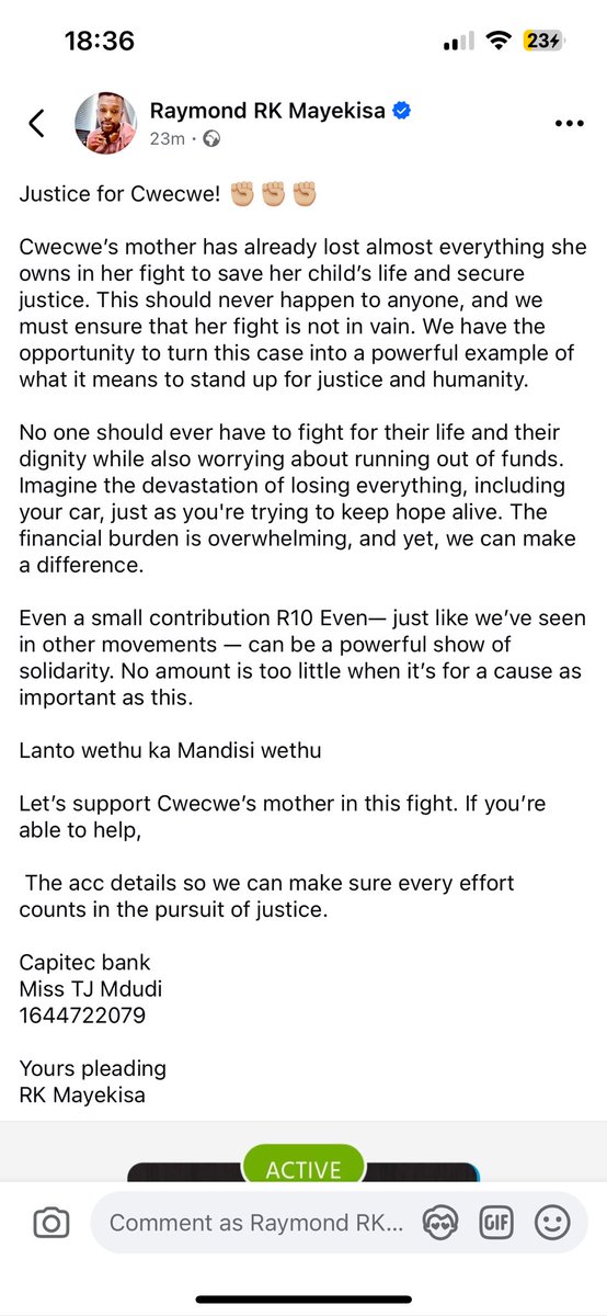 RK_Mayekisa's tweet image. For those that want to make a difference. Please.  Any amount of contribution is welcome #JusticeForCwecwe