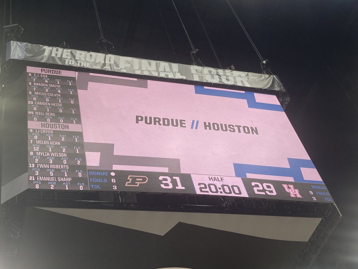 Half ...
Purdue is up two points as Smith drives and draws a foul before the halftime buzzer.

Purdue 31
Houston 29
Halftime