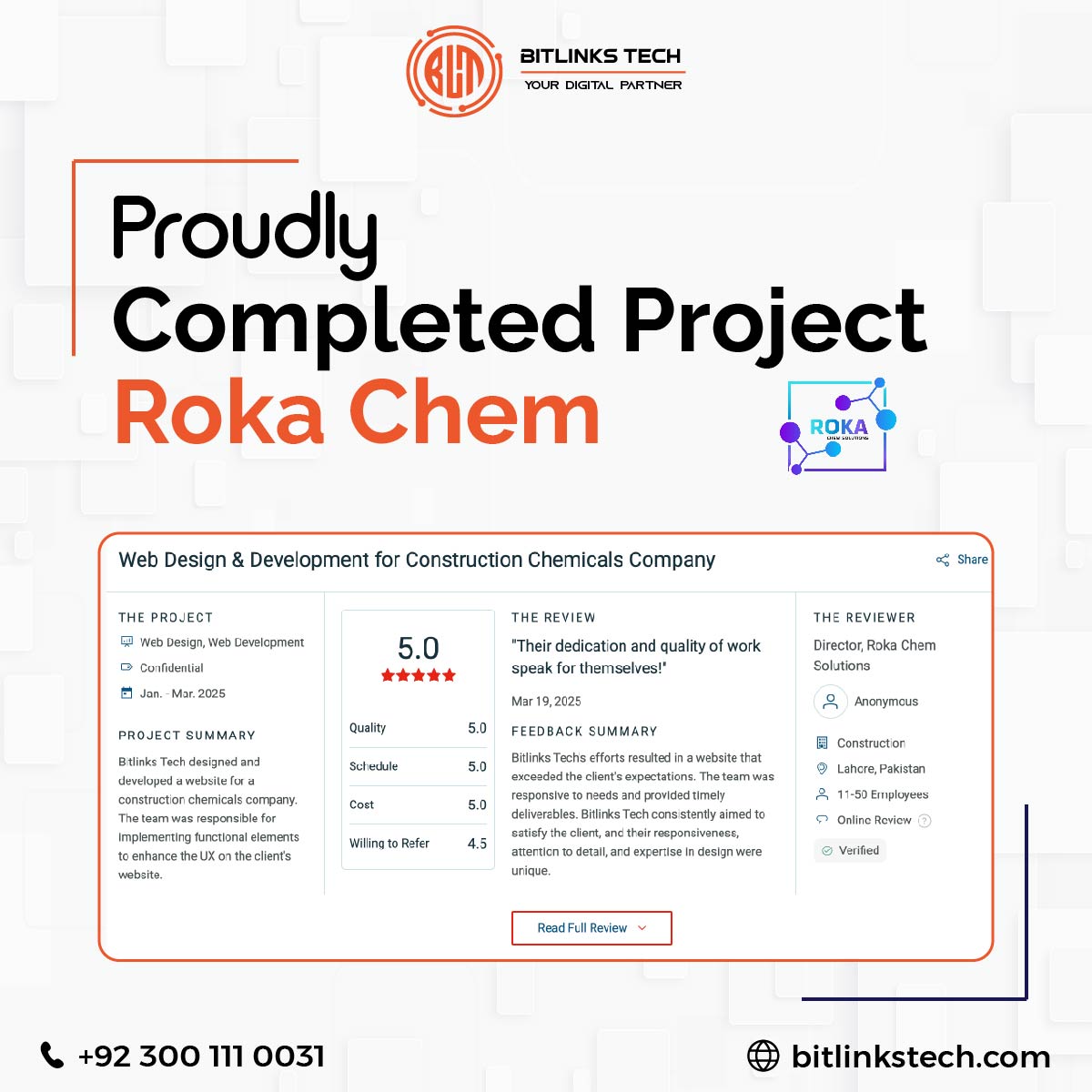 bitlinkstech's tweet image. We’ve successfully completed the Web Design &amp;amp; Development project for Roka Chem Solutions!

🔗 Review Link: clutch.co/go-to-review/c…
📍 Visit us at: bitlinkstech.com
 #BitlinksTech #ProjectDelivered #WebDevelopment #ClientSuccess #DigitalSolutions #RokaChem
