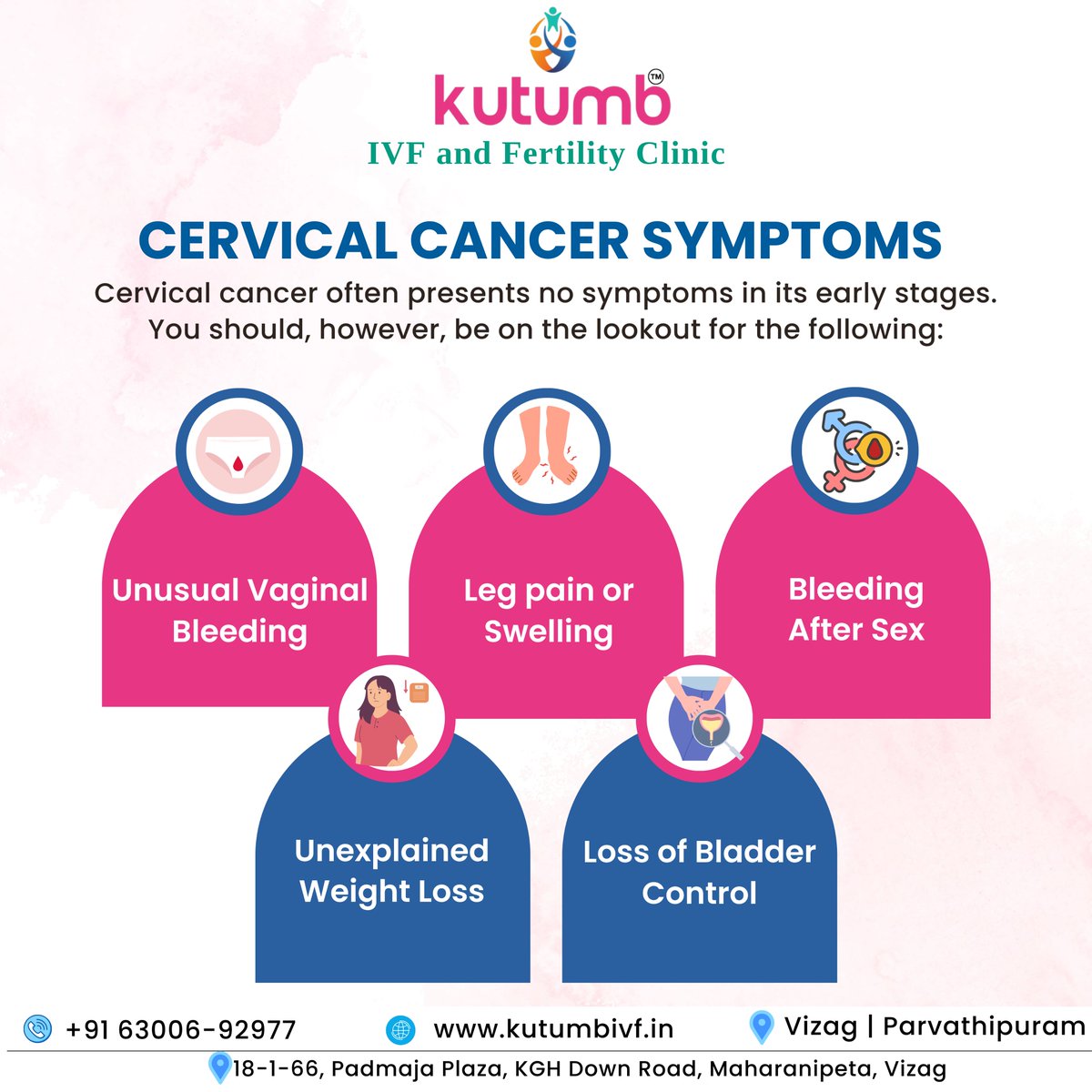 CERVICAL CANCER SYMPTOMS
Contact our expert now: +91 63006-92977

#CervicalCancer #StayInformed #WomenHealth #pregnancy #parenthood #ivf #ivfcost #testtubebaby #testtubebabycentre #ivftreatment #ivftreatmentprocess #ivfclinic #bestivfclinic #ivfcentre #ivfhospital #Parvathipuram