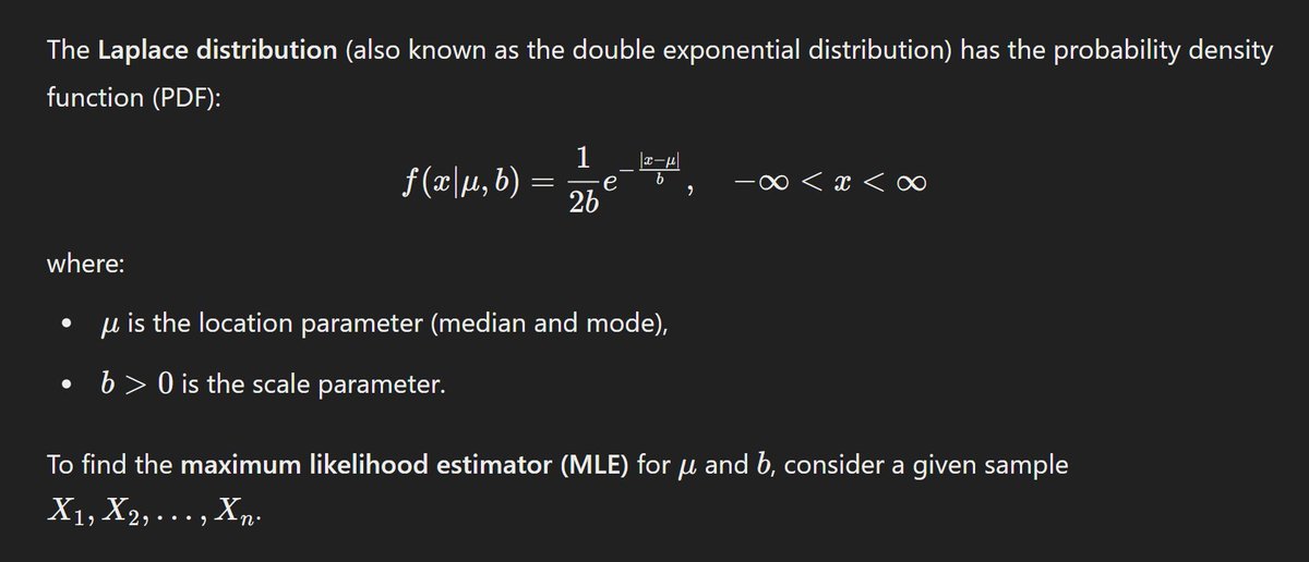 probnstat's tweet image. Computing the Maximum Likelihood Estimator of the Laplace Distribution: