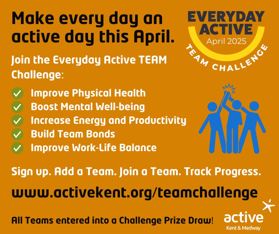 Gather your friends, family, or colleagues and join the free Everyday Active TEAM Challenge this April. 

Sign up. Add a Team. Join a Team. Let's make every day an active day this April👇
activekent.org/teamchallenge

#EverydayActive #TeamChallenge #MoveTogether #HealthWellbeing