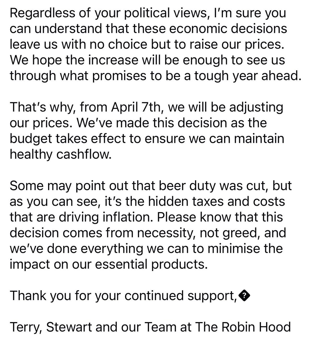 Really good summary from one of our local pubs about the challenges they’re facing. 

While £30k more costs might not sound much to some, think how many more pints of beer you’d need to sell…

<a href="/Sacha_Lord/">Sacha Lord</a> <a href="/wstauk/">WSTA</a>