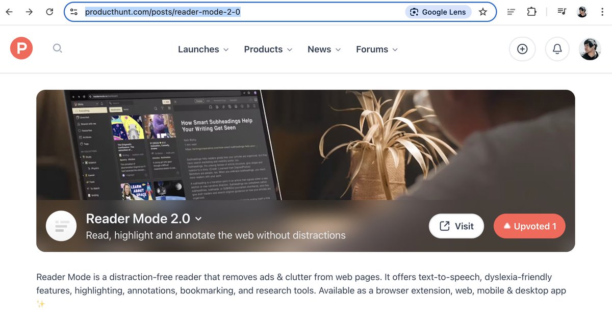 <a href="/readermode/">Reader Mode</a> 🎉 It's LIVE here → producthunt.com/posts/reader-m…