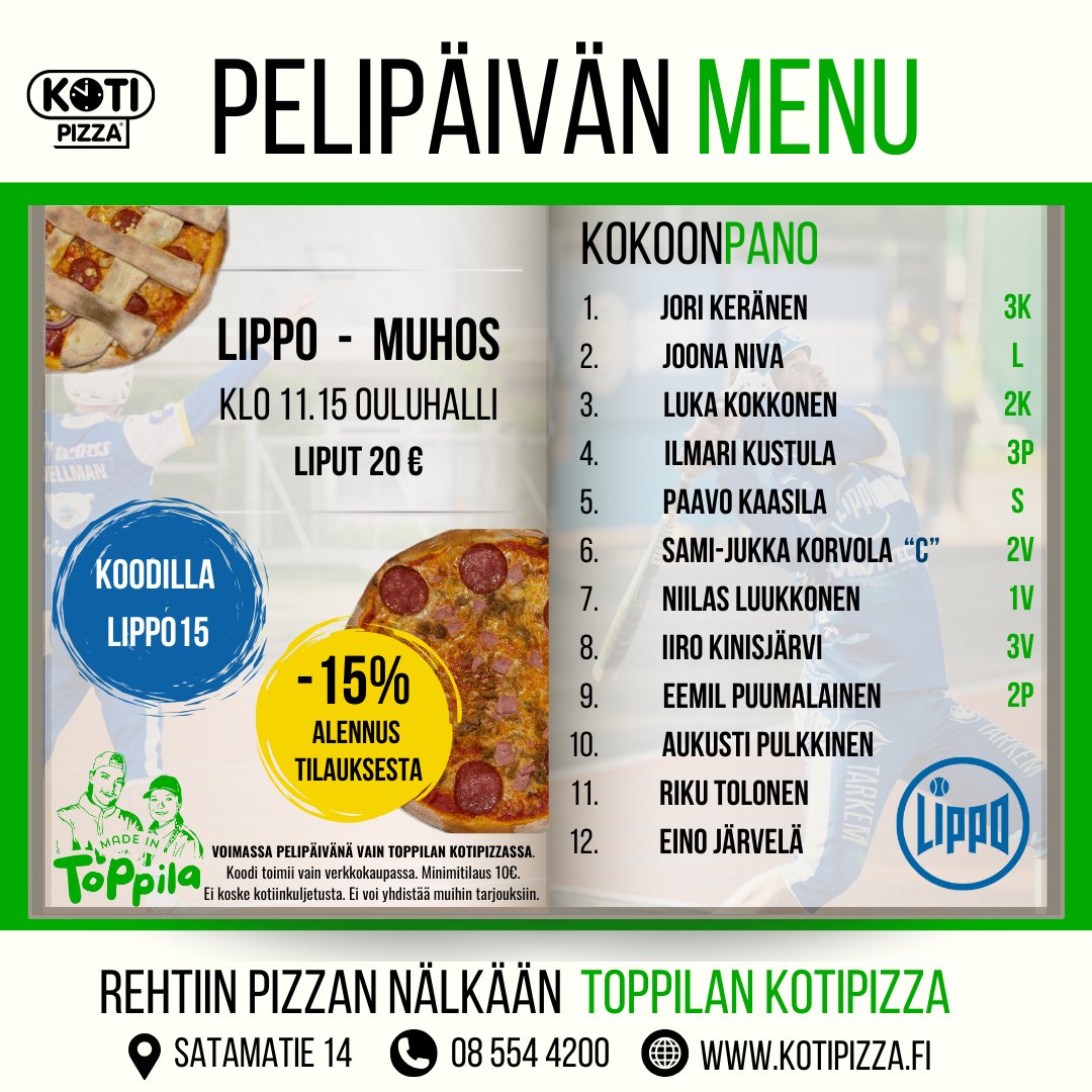 mainos Toppilan Kotipizzan kanssa! 🔥 

Laadimme pelipäivän menun yhteistyössä Toppilan Kotipizzan kanssa!🫱🏻‍🫲🏽

⚾️ Lippo - Muhos, Maaliscup
📆 lauantaina 29.3. klo 11.15
🏟 Ouluhalli
🎫 20€ (koko päivän lippu)
📺 Ottelu nähtävissä KalevaLivessä

#pesis #lippoliikuttaa #oulu