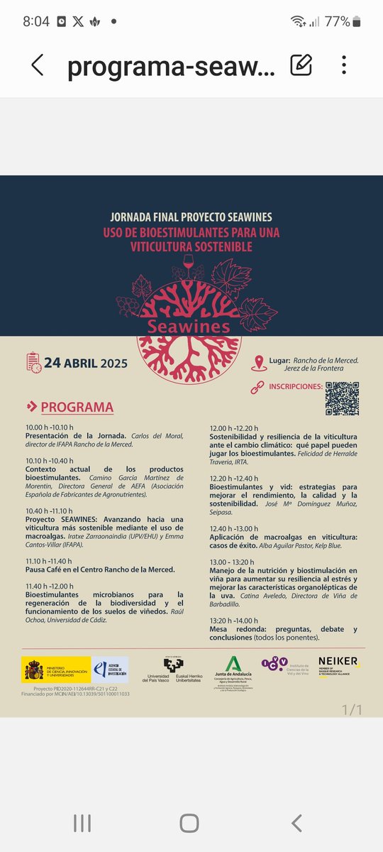 Aquí os dejamos nuestra jornada final de proyecto, el 24 de abril en Jerez de la Frontera. 
<a href="/IfapaJunta/">IFAPA</a> 
<a href="/upvehu/">UPV/EHU</a> 
<a href="/neiker_BRTA/">NEIKER</a> 
<a href="/icvv_rioja/">Instituto de Ciencias de la Vid y del Vino (ICVV)</a> 
<a href="/AgEInves/">Agencia Estatal de Investigación</a>