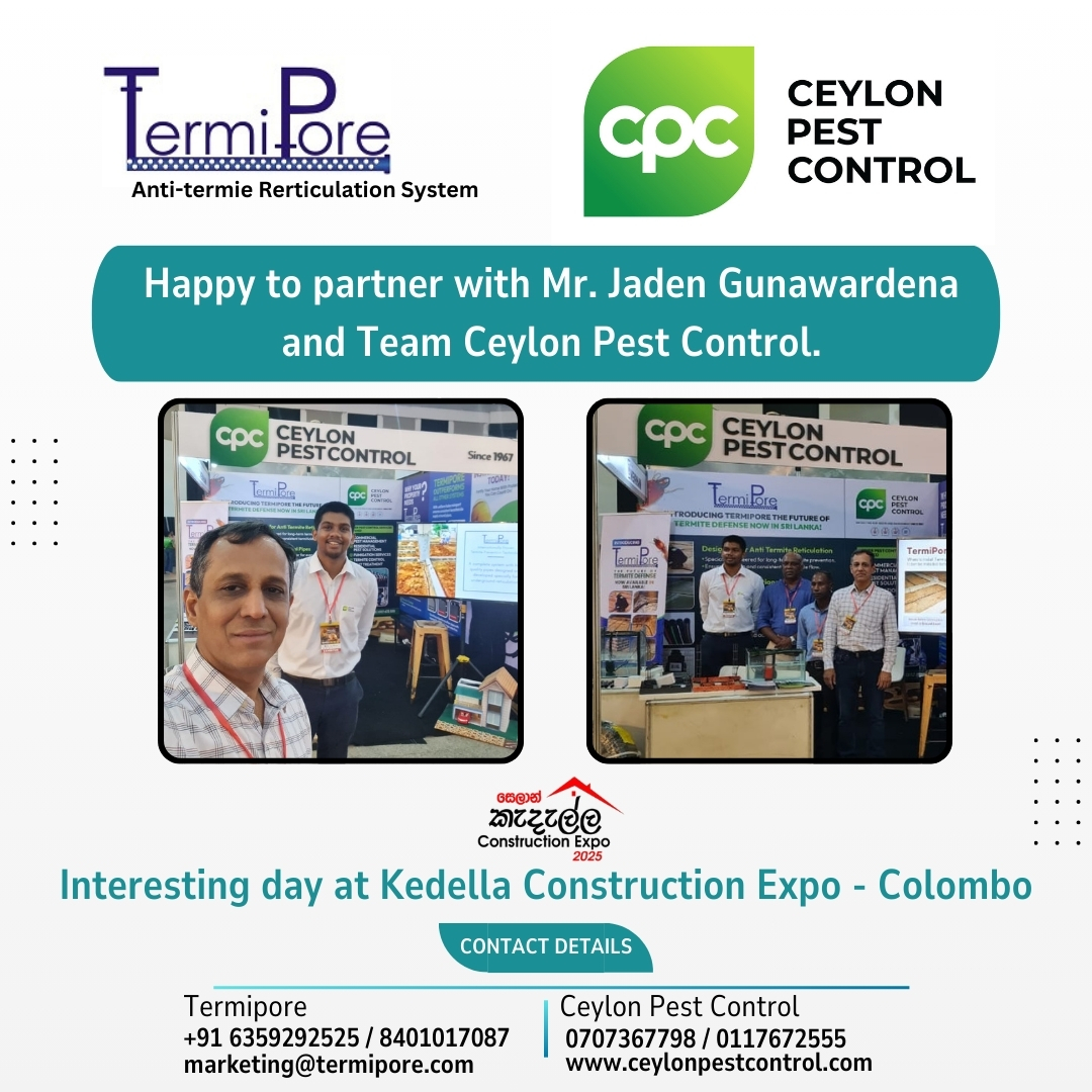 Termipore now available in Sri Lanka. Interesting day at the Kedella Construction Expo - Colombo.

To know more call us at:
+91-6359292525 / 8401017087
marketing@termipore.com

[ Termipore, termite, anti-termite, soil treatment, pipe, porous pipe, termipore pipe, construction,]