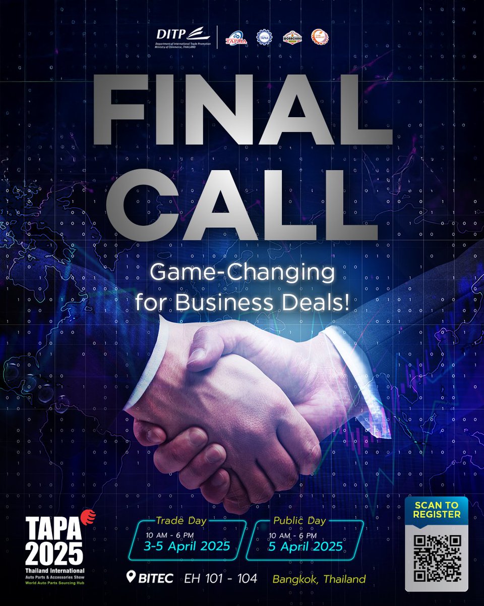 tapafair's tweet photo. Final Call Before TAPA 2025 Kicks Off – Don’t Miss the Right Business Deals.
.
The countdown to the future starts now!
Join us at TAPA 2025 and secure the right business deals today. 🚗
.
#TAPA2025 #Sustainableforthefuture #Worldautopartssourcinghub https://t.co/KqDfHtfKRY