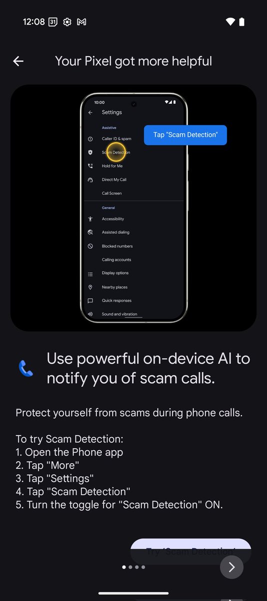 ShoeboxVentures's tweet photo. @Google why have a tip on the Pixel 9 for scam detection when it's not on the interface of the Pixel 9 via Android 15 update.. https://t.co/QcIrK1DDt4