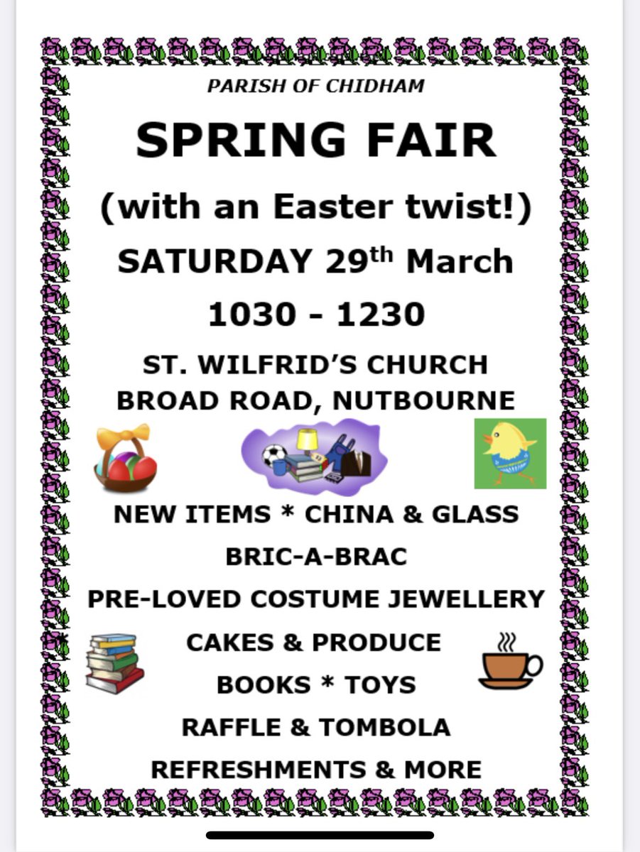 Spring Fair today! Free chocolate for children wearing Easter decorated headgear. Toys, books, tombola, pre-loved handbags &amp; other accessories, cakes, pre-loved jewellery, china &amp; glass, bric a brac, Easter Chocolate raffle, books, jigsaws &amp; more!! <a href="/EmsworthLife/">Emsworth Life</a> @EmsworthOnline
