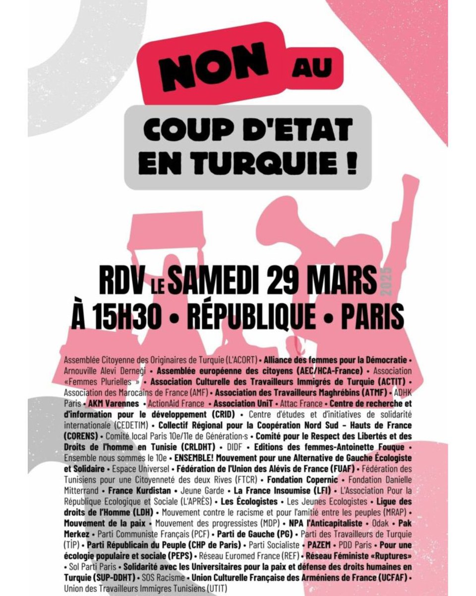 Tüm yoldaşlarımızı bizimle dayanışmaya davet ediyoruz!

On invite tous.t.es nos camarades d’être solidaires avec nous !

We invite all our fellows to stand in solidarity with us!

⏰ 29/03/2025, 15h30
📍 Pl. de la République, Paris