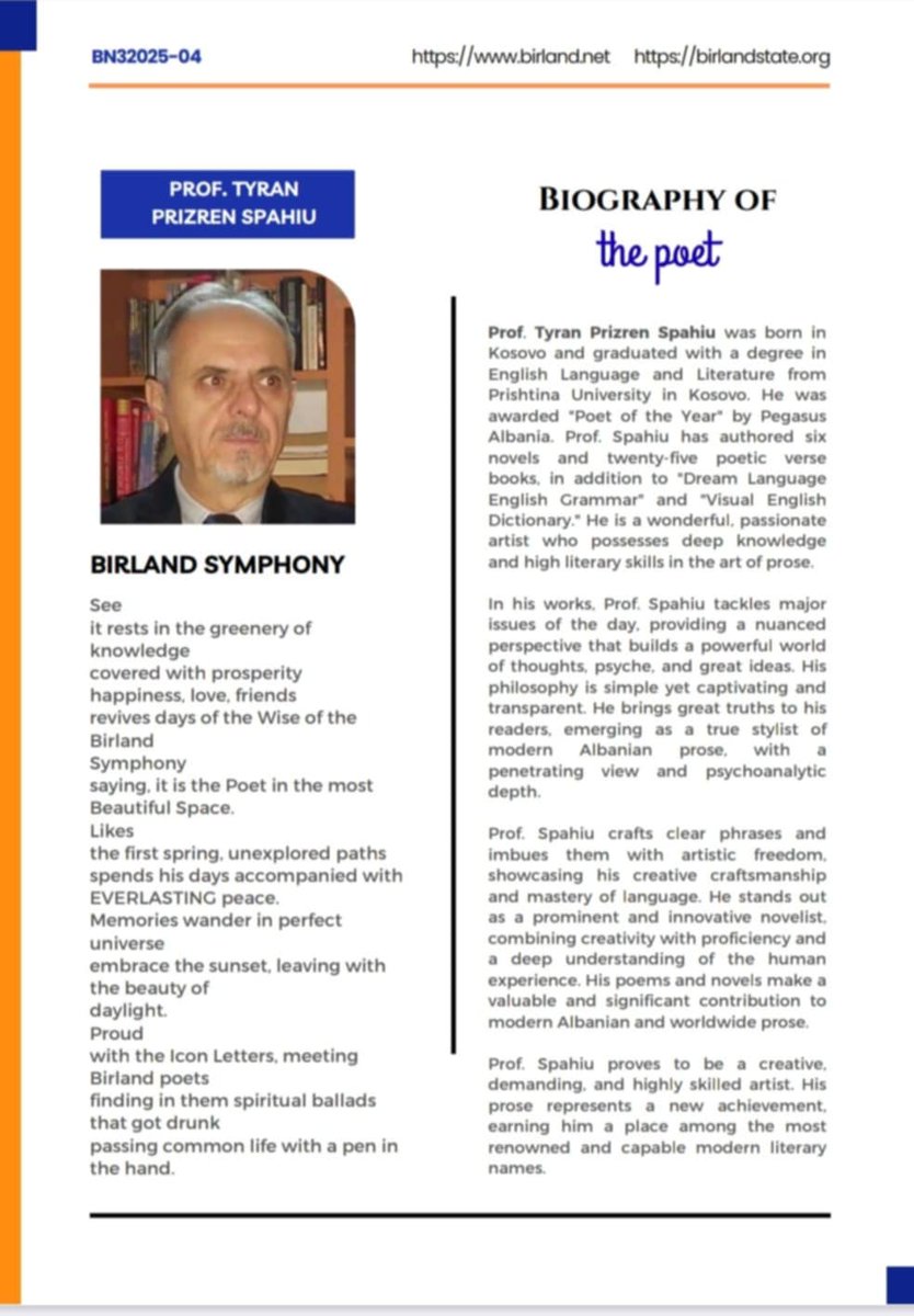 Our featured Poets
 Of Birland on the 4th Issue of the State of Birland eNewsletter March 2025 Poet, Author Tyran Pritzu Spahiu from Albania <a href="/birlandgov/">State of Birland</a> <a href="/EHaiyawi/">Emir Haiyawi Birland Ruler حاكم بيرلاند</a> <a href="/EDENTRINIDAD/">EDEN  S. TRINIDAD</a> <a href="/birtawilgov/">Birland State (BirTawil) دولة بيرلاند</a>