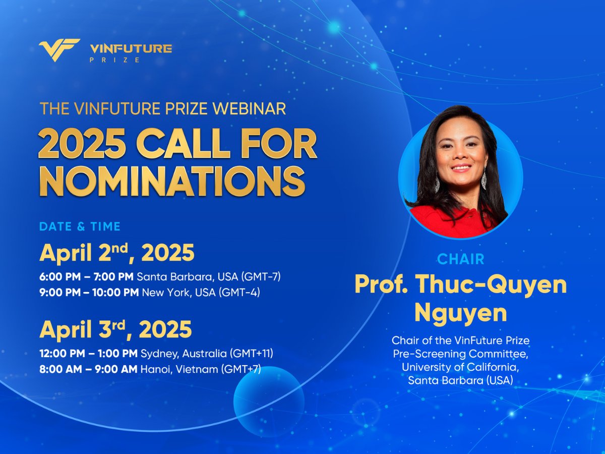 VinFuture Prize (@vinfutureprize) on Twitter photo Chair of the VinFuture Pre-Screening Committee - Prof. Thuc-Quyen Nguyen <a href="/QuyenUCSB/">Thuc-Quyen Nguyen</a> to lead the final “Call for Nominations” webinar
Register now: forms.gle/L9C1e2VLKTWej9… Chair of the VinFuture Pre-Screening Committee - Prof. Thuc-Quyen Nguyen <a href="/QuyenUCSB/">Thuc-Quyen Nguyen</a> to lead the final “Call for Nominations” webinar
Register now: forms.gle/L9C1e2VLKTWej9…