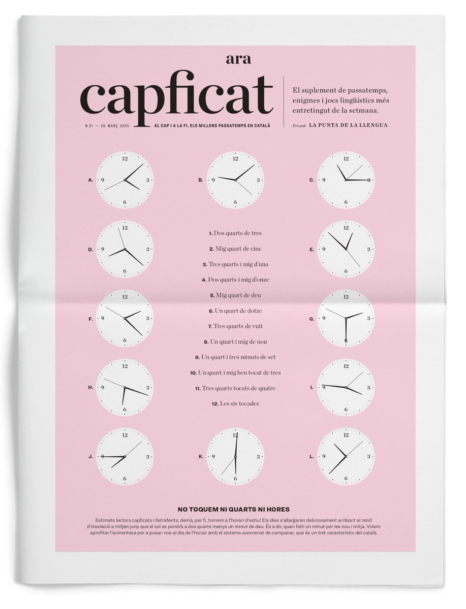 ⏰ Ara que tornem a l’horari d’estiu i canviem l’hora, és un bon moment per practicar amb el ‘Capficat’ les hores en català, que ja sabem que són una mica complicades…

📍 Aconsegueix-lo avui al teu quiosc
✍️ Fet amb <a href="/la_pdlla/">La punta de la llengua</a>