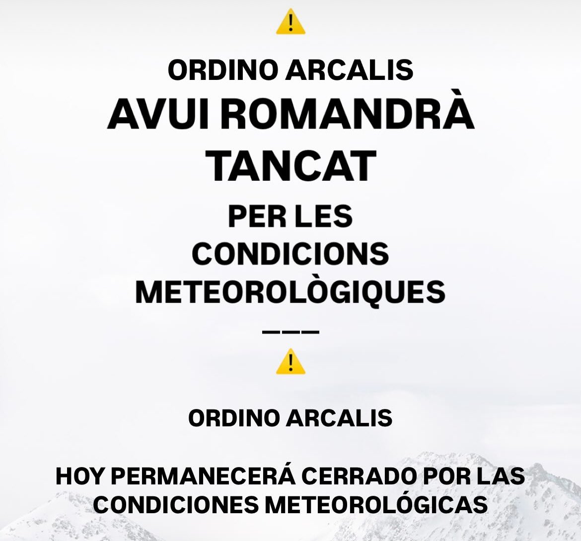 ⚠️Ordino Arcalís avui romandrà tancat per les condicions meteorològiques ordinoarcalis.com/es/estacion/es…
#andorra #ordinoarcalis