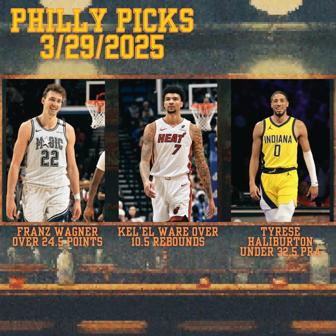 PHILLY PICKS🧀 FOR 3/29/2025

PLEASE SWEEP 🙏

FRANZ WAGNER OVER 24.5 POINTS
KEL’EL WARE OVER 10.5 REBOUNDS
TYRESE HALIBURTON UNDER 32.5 PRA

LIKE IF YOU’RE TAILING 💛  

FOLLOW FOR FREE PROPS‼️  
#PrizePicks #GamblingX #SleeperPicks #Chalkboard #UnderdogFantasy #NBA