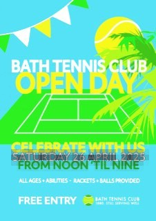 🎾 ⏰ JUST A FEW WEEKS TO GO – DON’T MISS OUT! 🎾
Our Open Day Celebration at Bath Tennis Club is nearly here, and it’s set to be unmissable!
📅 Saturday 26th April | 12:00–21:00
📍 Park Lane, Weston, BA1 2XQ

Whether you’re a seasoned player or total beginner, this is your chanc