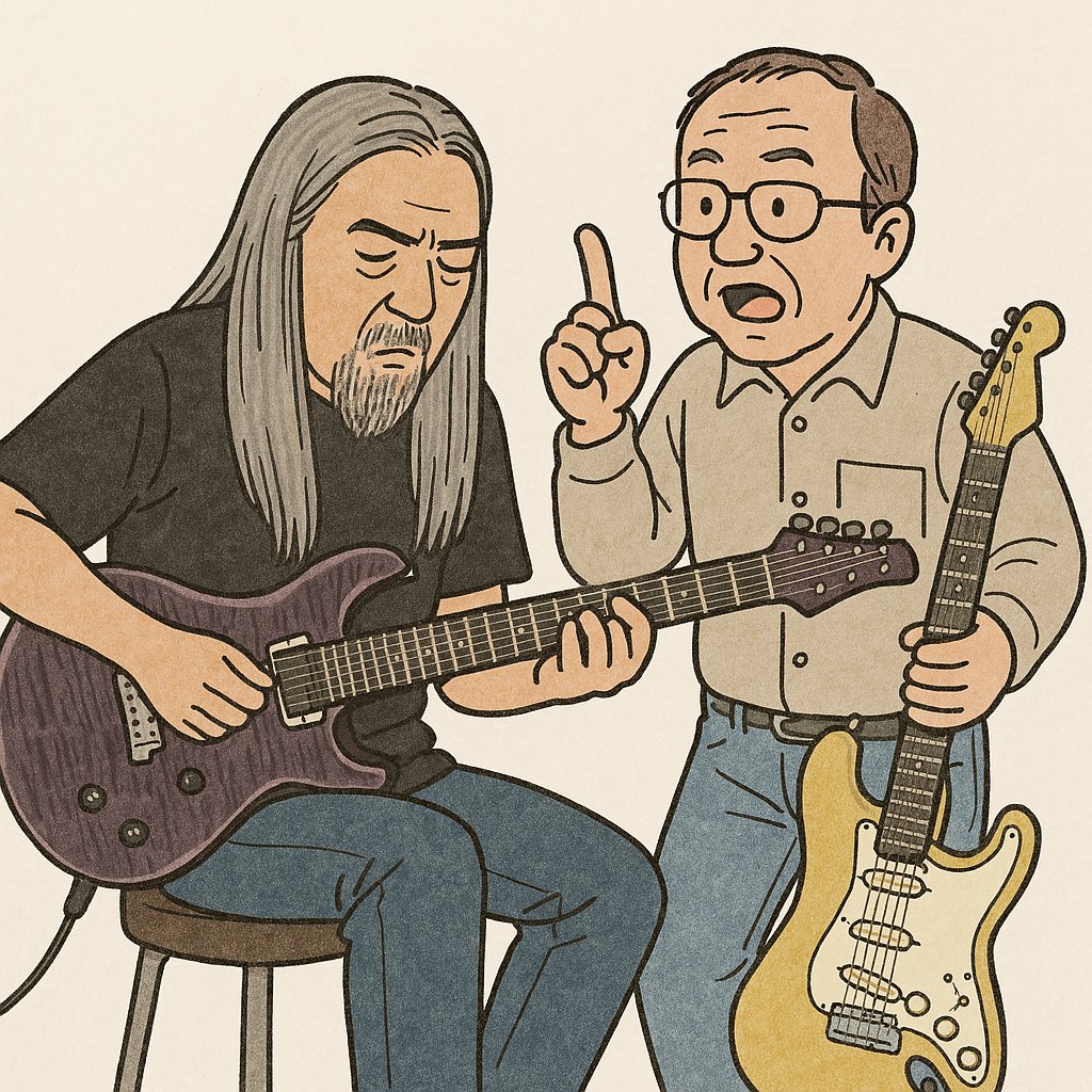某有名ギタリストに、上から目線でアドバイスする人のイラスト。