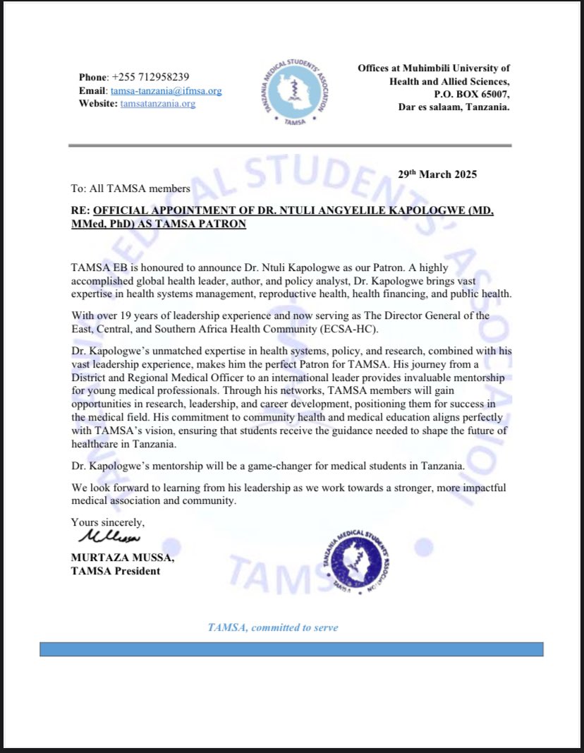 Exciting News for TAMSA! 🎉
We are honored to announce Dr. Ntuli Angyelile Kapologwe (MD, MMed, PhD) as TAMSA Patron!