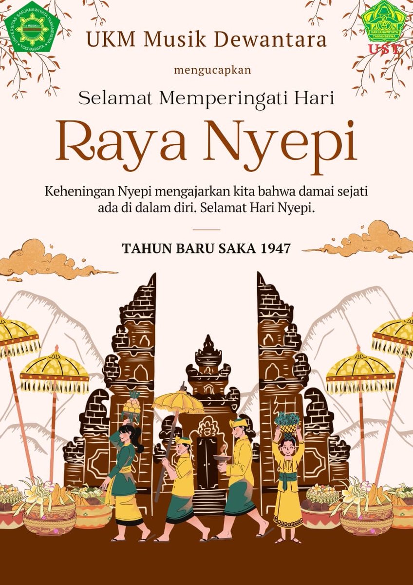 Salam musik!🎶✨
UKM Musik Dewantara mengucapkan selamat hari raya Nyepi dan tahun baru saka 1947. Semoga momen suci ini membawa kedamaian, kebijaksanaan, dan harmoni dalam kehidupan kita. 🎵🙏🏻

Om Shanti Shanti Shanti om. 🌿✨