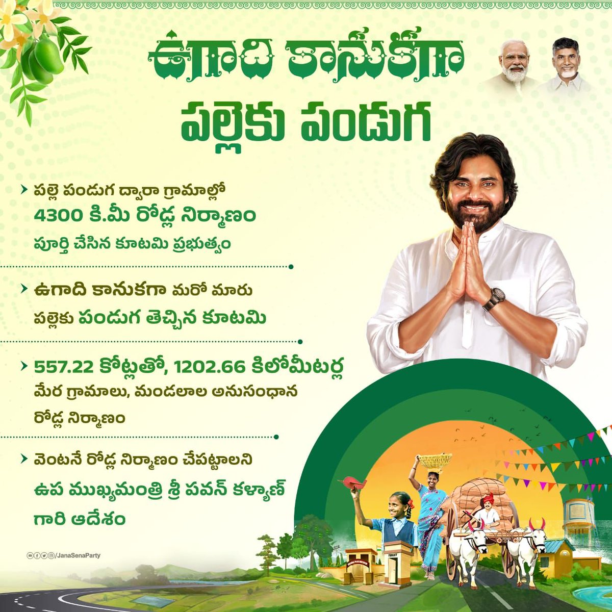 Commissioner, PR & RD- Andhra Pradesh (@mgnregsap) on Twitter photo ఉగాది కానుకగా పల్లెకు పండుగ
ఉగాది కానుకగా మరో మారు పల్లెకు పండుగ తెచ్చిన కూటమి. 557.22కోట్లతో, 1202.66 కిలోమీటర్ల మేర గ్రామాలు, మండలాల అనుసంధాన రోడ్ల నిర్మాణం. వెంటనే రోడ్ల నిర్మాణం చేపట్టాలని ఉప ముఖ్యమంత్రి శ్రీ పవన్ కళ్యాణ్ గారి ఆదేశం.
<a href="/mvrkteja/">Krishna Teja IAS</a>
<a href="/IndiaMGNREGA/">MGNREGA, MoRD, GoI</a> ఉగాది కానుకగా పల్లెకు పండుగ
ఉగాది కానుకగా మరో మారు పల్లెకు పండుగ తెచ్చిన కూటమి. 557.22కోట్లతో, 1202.66 కిలోమీటర్ల మేర గ్రామాలు, మండలాల అనుసంధాన రోడ్ల నిర్మాణం. వెంటనే రోడ్ల నిర్మాణం చేపట్టాలని ఉప ముఖ్యమంత్రి శ్రీ పవన్ కళ్యాణ్ గారి ఆదేశం.
<a href="/mvrkteja/">Krishna Teja IAS</a>
<a href="/IndiaMGNREGA/">MGNREGA, MoRD, GoI</a>