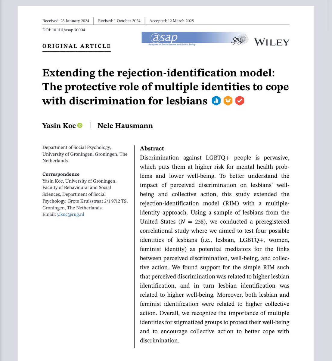 New paper alert: We extended rejection identification model with multiple identities to test which identity is most helpful for lesbians facing discrimination. We found only lesbian identity helpful for wellbeing &amp; feminist identity for collective action spssi.onlinelibrary.wiley.com/doi/epdf/10.11…