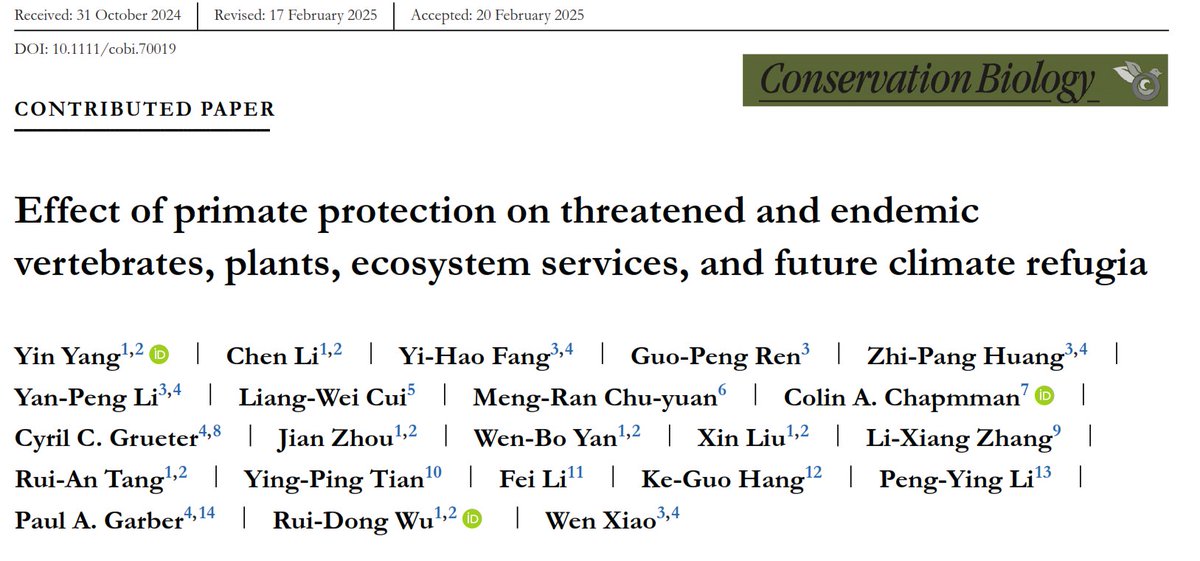 ccgrueter's tweet image. New paper out! We show that conserving primates in Yunnan can protect many threatened species and key ecosystem services. Prioritizing just 30% of forests could safeguard over half of carbon, water, and soil resources. @UWAresearch @uwanews
conbio.onlinelibrary.wiley.com/doi/full/10.11…