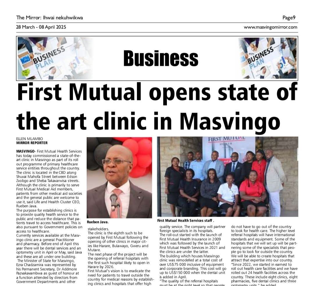FMHL__'s tweet photo. Exciting news! First Mutual Health Services has opened a state-of-the-art clinic and pharmacy in Masvingo, bringing quality healthcare closer to the community. Check out this snippet from the press! 🏥💙 #firstmutual #HealthcareForAll #FirstMutualHealth #Masvingo https://t.co/9JG4hMzn4o