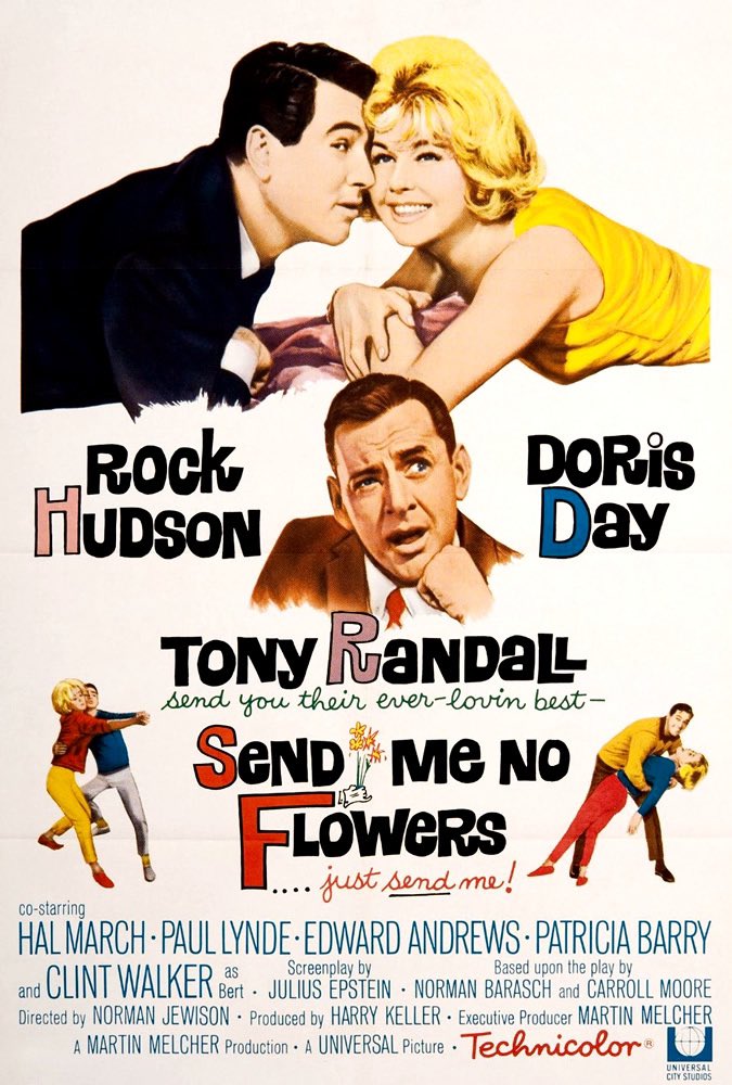 FrankMalfitano's tweet photo. FILM OF THE DAY: From 1964 the 3rd & final #comedy teaming of #DorisDay & #RockHudson doesn’t match 1st 2 but is still pretty funny story of hypochondriac Rock thinking he’s dying leading to sitcomish complications with wife DD #TonyRandall #PaulLynde #HalMarch all 😅 #1960s🎞️ 💐 https://t.co/KRTnSbZVaM