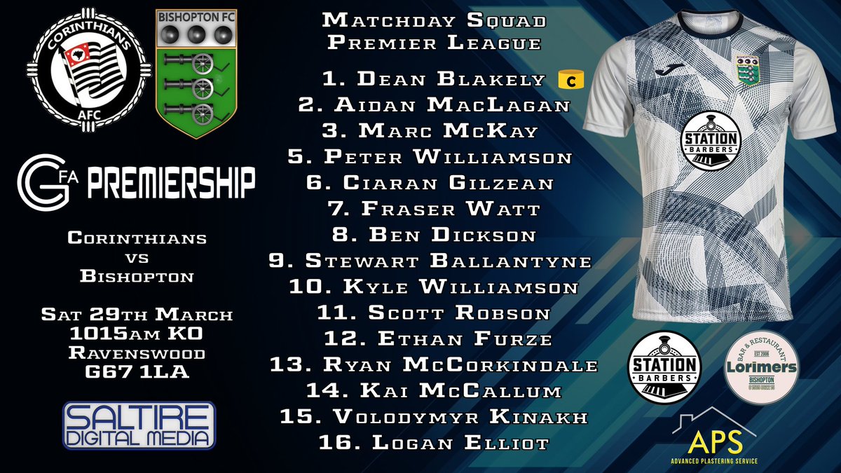 Todays Premier League, Matchday Squad vs Corinthians.

#monthebishy #stationbarbers #lorimers #apsadvancedplasteringservice #saltiredigitalmedia