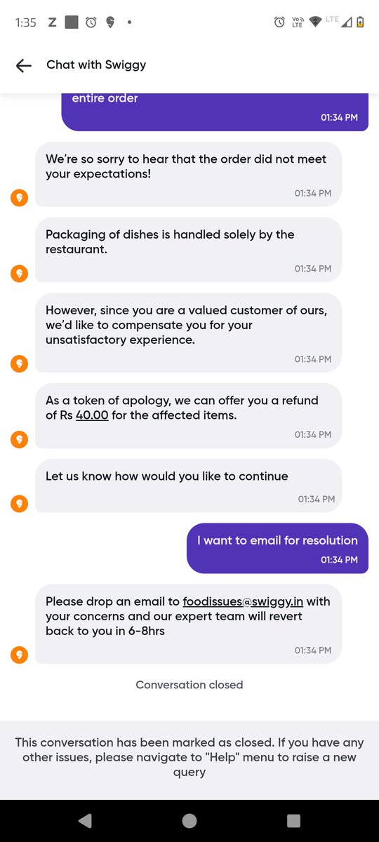 .<a href="/SwiggyCares/">Swiggy Cares</a> the whole order is spoiled by the delivery partner and ur team want to refund just 40rs..
 So unethical and irresponsible attitude 

#swiggy