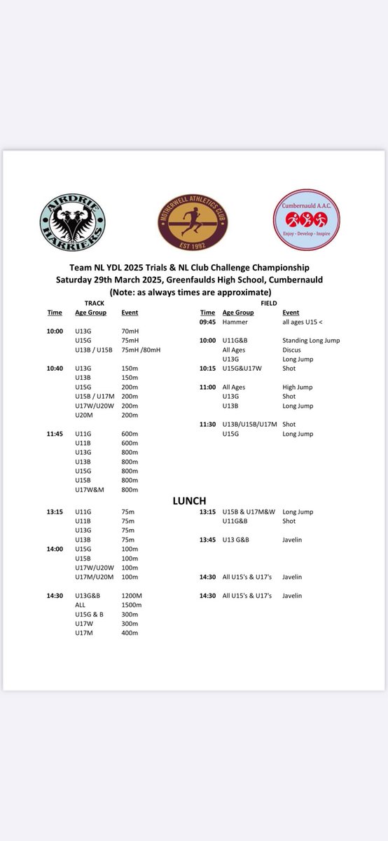 Motherwell AC (@motherwellac) on Twitter photo And it’s here! The track and field season is upon us and today we join our friends <a href="/AirdrieTandF/">Airdrie Harriers</a> @CumberbauldA for our annual inter-club season opener. Lots of athletes excited to be let loose on their favourite events at what is always a brilliant day! Good luck all! And it’s here! The track and field season is upon us and today we join our friends <a href="/AirdrieTandF/">Airdrie Harriers</a> @CumberbauldA for our annual inter-club season opener. Lots of athletes excited to be let loose on their favourite events at what is always a brilliant day! Good luck all!