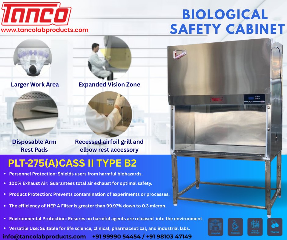tancolab's tweet photo. 🔬🌟 TANCO introduces the NU-540 Class II Type A2 Biological Safety Cabinet – designed to protect your team, your work, and the environment with cutting-edge technology! 🛡️
#tanco #biosafety #labsafety #biologicalsafety #innovationinsafety #energysaver #safelabs https://t.co/lzlhhHnFDY