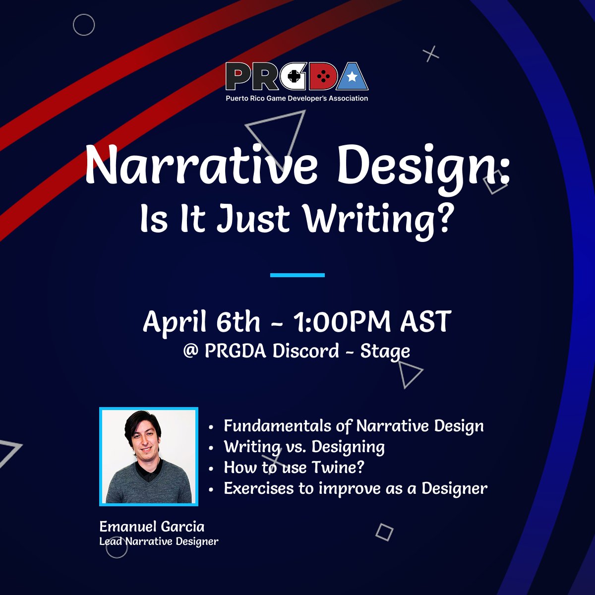 Puerto Rico Game Developers Association (PRGDA) (@prgamedevs) on Twitter photo If you want to learn about the fundamentals of Narrative Design and more, we have a workshop with Emanuel Garcia (<a href="/MrStidz/">Emanuel -Mr. Stidz- Garcia</a>) on April 6th at 1:00 PM AST in our Discord server - discord.gg/PdsGH5y - in the Stage channel. We hope to see you there! 🤩 If you want to learn about the fundamentals of Narrative Design and more, we have a workshop with Emanuel Garcia (<a href="/MrStidz/">Emanuel -Mr. Stidz- Garcia</a>) on April 6th at 1:00 PM AST in our Discord server - discord.gg/PdsGH5y - in the Stage channel. We hope to see you there! 🤩