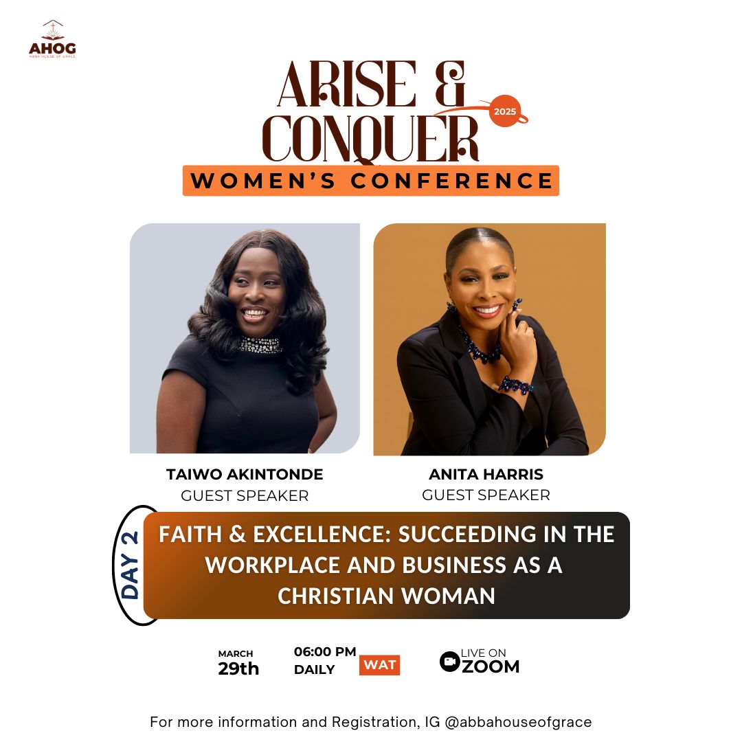 AbbahouseOG's tweet photo. Day 2 of the Arise &amp; Conquer Women's Conference is happening today! 🎉 Join us as Taiwo Akintonde and Anita Harris dive into ‘Faith &amp; Excellence: Succeeding in the Workplace and Business as a Christian Woman.’

Get ready for an inspiring session filled with wisdom, faith, https://t.co/J6f4UKawZF