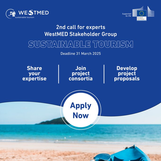 🚨Last chance! Calling #SustainableTourism experts to join WestMED's stakeholder group

✅develop joint project proposals
✅apply for funding
✅exchange expertise and 
✅help drive discussions at policy level

🗓️Application deadline: 31 March '25 
Info👉shorturl.at/NKznX