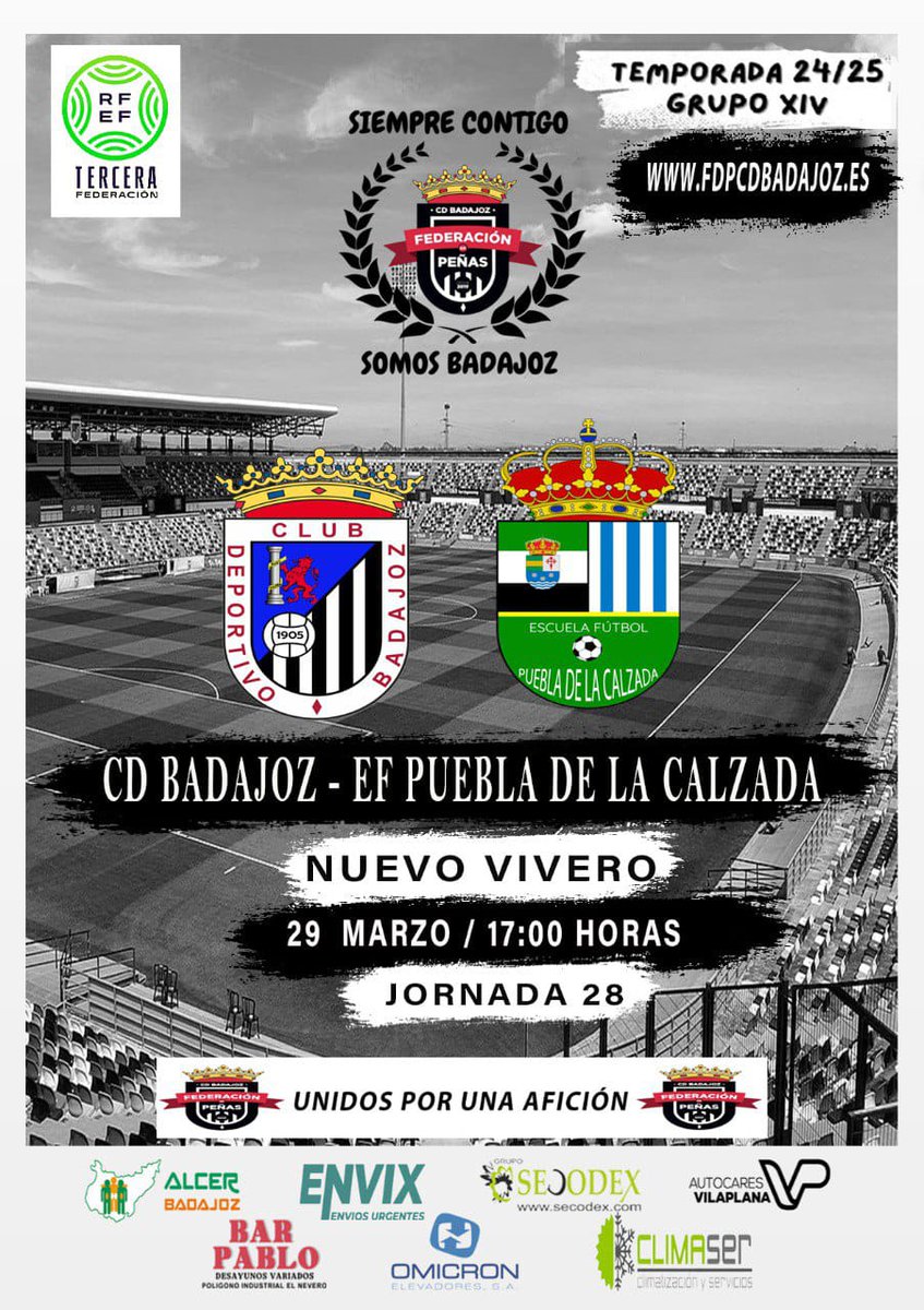 FEDERACIÓN DE PEÑAS DEL CD BADAJOZ (@fdp_cdb) on Twitter photo 🌞 Buen día blanquinegros ⚪⚫
Hoy es sábado, pero también...
🚨⚽ ᎻᎾᎽ ᎬᏕ ᎠłᎯ ᎠᎬ ᏰᎯᎠᎯ ⚽🚨
Los resultados duelen
pero donde nunca podemos perder
es en nuestras gradas
No dudes, ven al Vivero 🏟
🕔 17:00 <a href="/CDBadajoz/">CD Badajoz</a> ⚔️ <a href="/PueblaEF/">E.F. Puebla de la Calzada</a>
#AupaCDB ⚪⚫ #SiempreContigo 🌞 Buen día blanquinegros ⚪⚫
Hoy es sábado, pero también...
🚨⚽ ᎻᎾᎽ ᎬᏕ ᎠłᎯ ᎠᎬ ᏰᎯᎠᎯ ⚽🚨
Los resultados duelen
pero donde nunca podemos perder
es en nuestras gradas
No dudes, ven al Vivero 🏟
🕔 17:00 <a href="/CDBadajoz/">CD Badajoz</a> ⚔️ <a href="/PueblaEF/">E.F. Puebla de la Calzada</a>
#AupaCDB ⚪⚫ #SiempreContigo