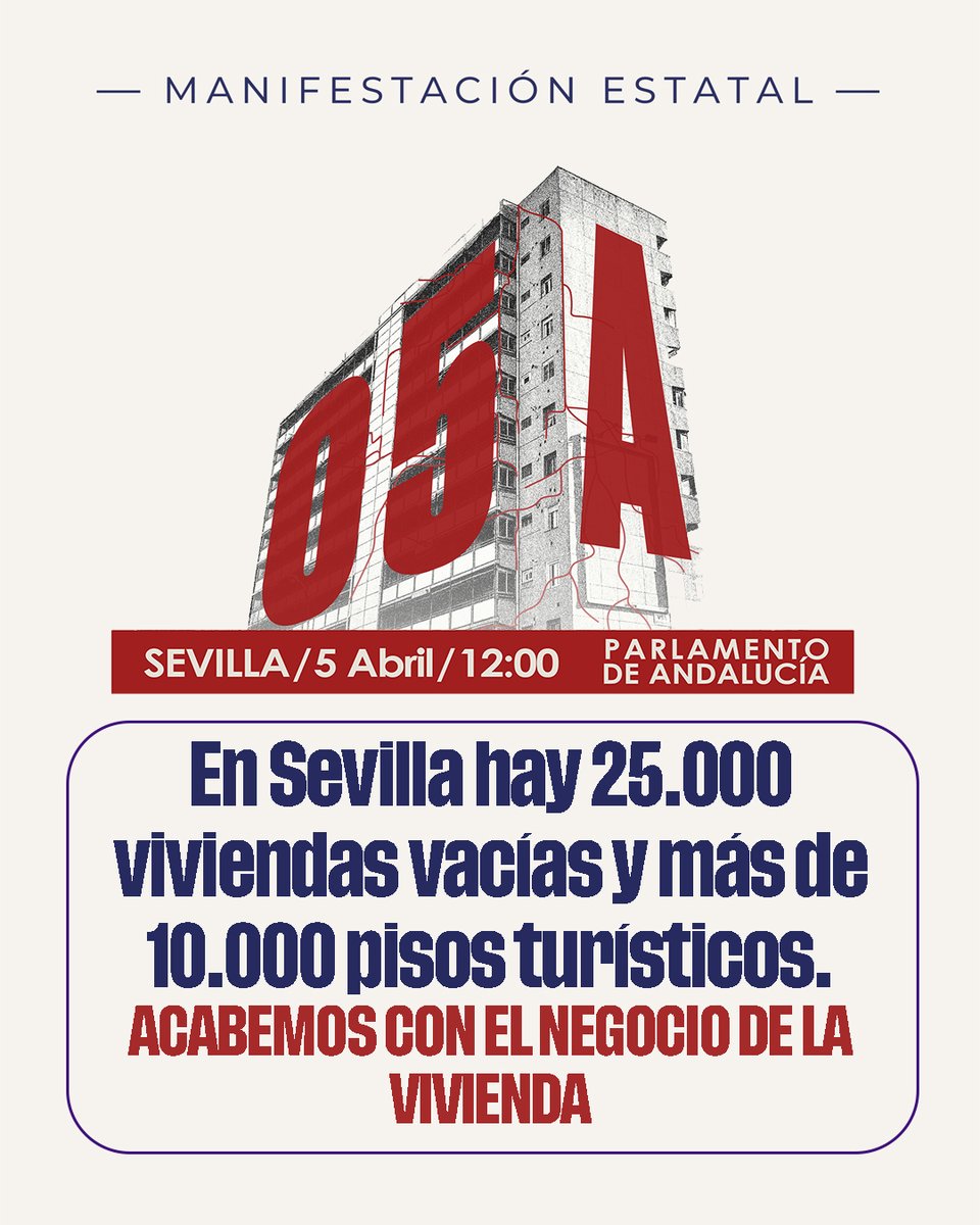 En Sevilla hay 25.000 viviendas vacías y cerca de 10.000 registradas como de uso turístico. 
El 5A salimos a las calles en todo el estado para gritar bien alto: ¡Se acabó el negocio de la vivienda!
<a href="/ViviendaSev/">Asamblea por la Vivienda de Sevilla</a> <a href="/inquilinatoSEV/">Sindicato de Inquilinas e Inquilinos de Sevilla</a> <a href="/APDHASevilla/">APDHA Sevilla</a>  <a href="/interdistritos/">Plataforma Interdistritos Barrios Hartos</a> <a href="/PAH_Sevilla/">PAH Sevilla</a>