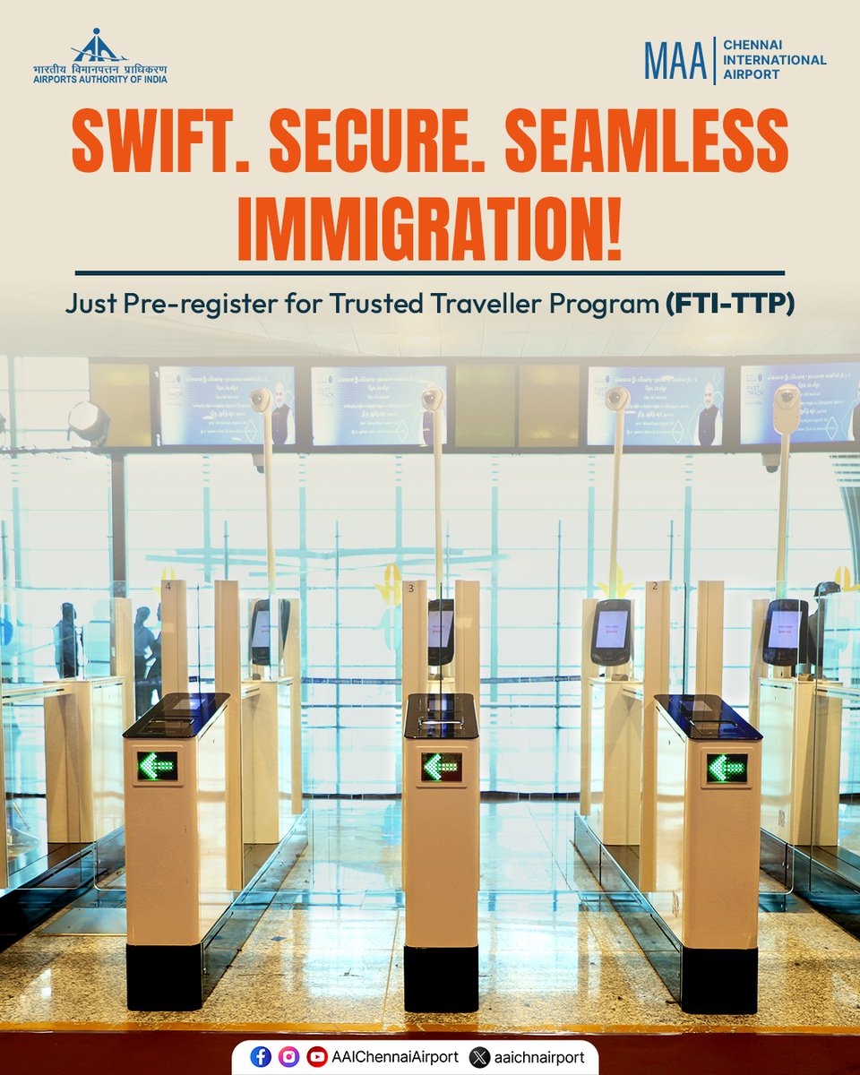 aaichnairport's tweet image. Want a faster, smarter immigration experience? Pre-register for the Trusted Traveller Program (FTI-TTP) and breeze through immigration with ease at Chennai Airport. 

To know more : ftittp.mha.gov.in

#FastTrackImmigration #ImmigrationCheck #SmoothTravel…