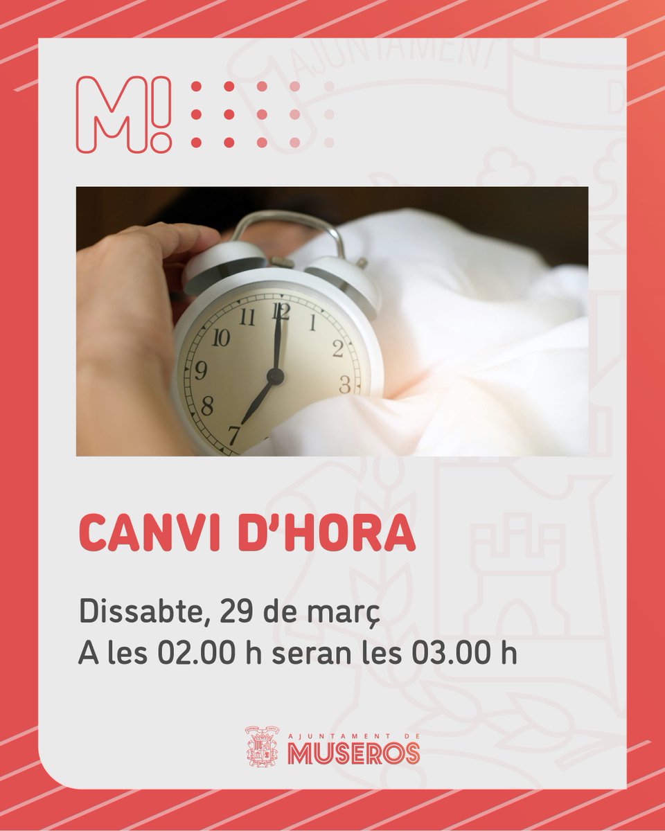Atenció al canvi d'hora! ⏰

La matinada del 29 al 30 de març, a les 2.00 h, el rellotge s’avançarà una hora i marcarà les 3.00 h.

La majoria dels dispositius digitals canviaran automàticament, però recorda ajustar els rellotges analògics.

Evita sorpreses en despertar! 💤
